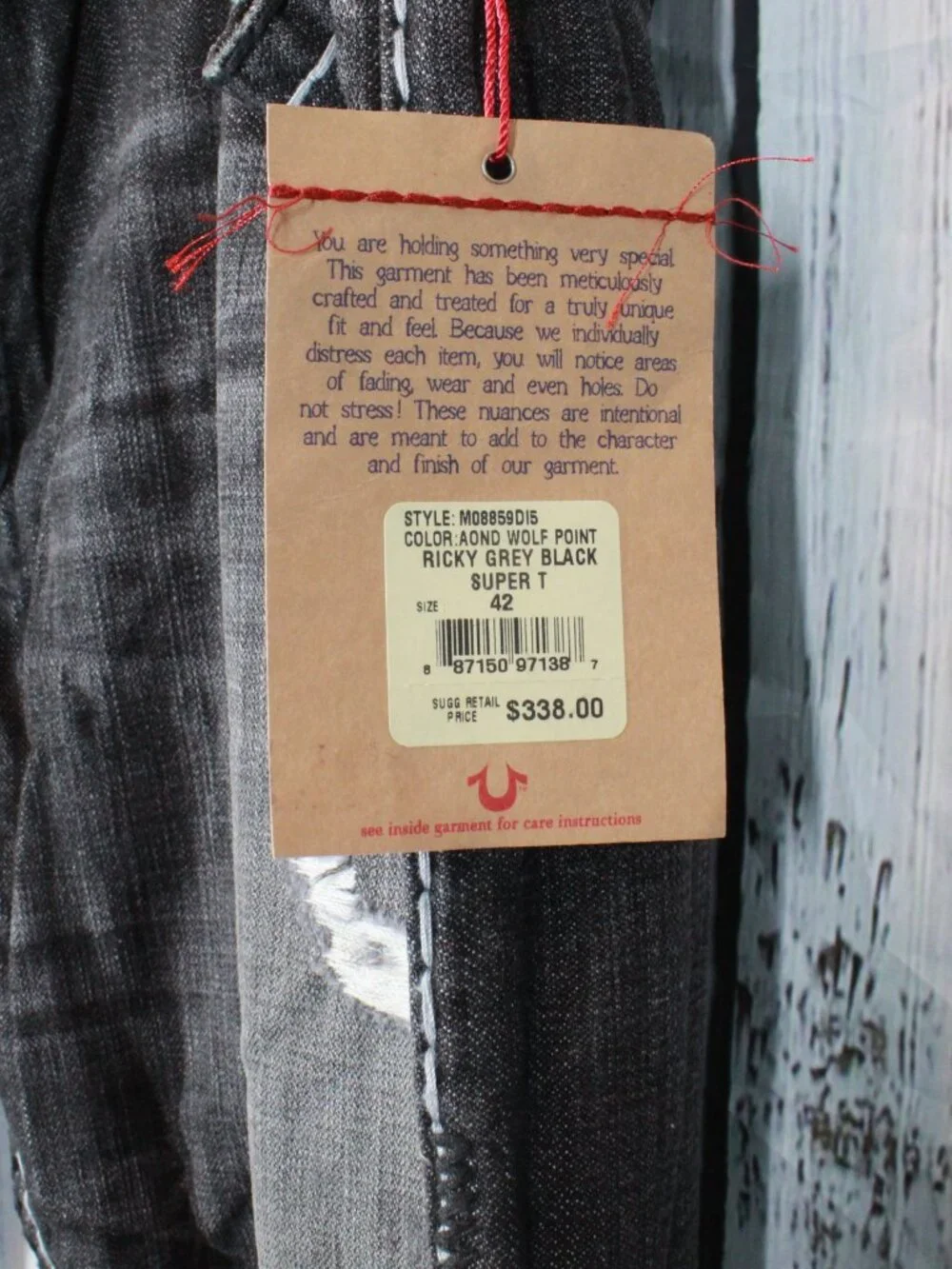 True Religion Ricky Super T Black Grey Jeans Size 42 White Yellow Stitch NWT